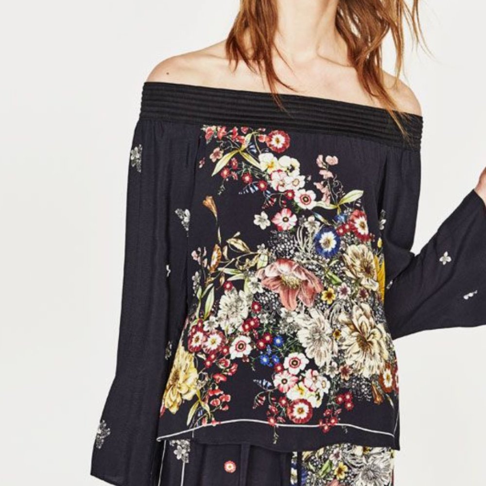 Zara Black Off-Shoulder Floral Top with Multicolor Bouquet